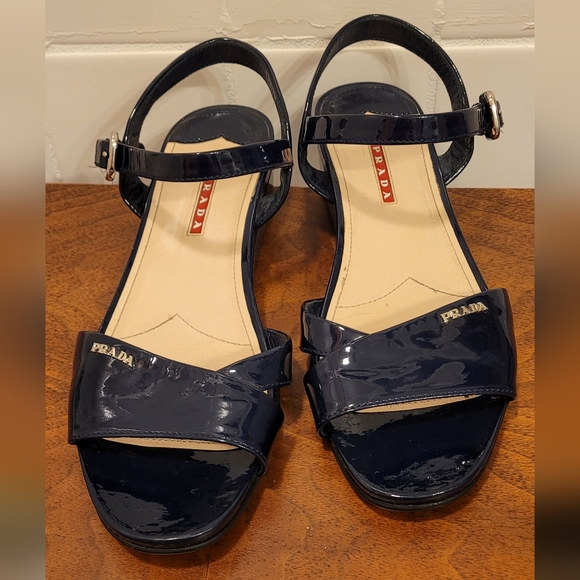 PRADA EUC Navy Blue Patent Leather Low Wedge Sandal Sz 38 1/2 - Picture 2 of 13